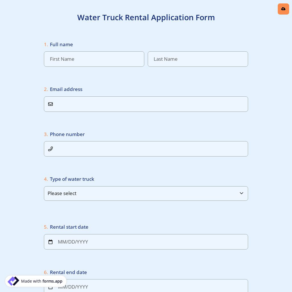 Water Truck Rental Application Form