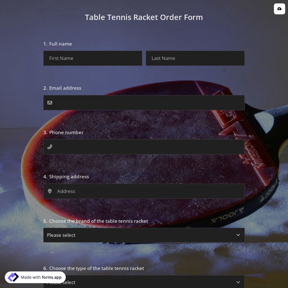 Table Tennis Racket Order Form