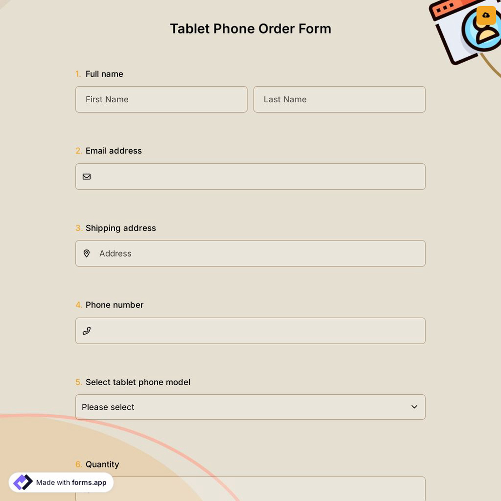 Tablet Phone Order Form
