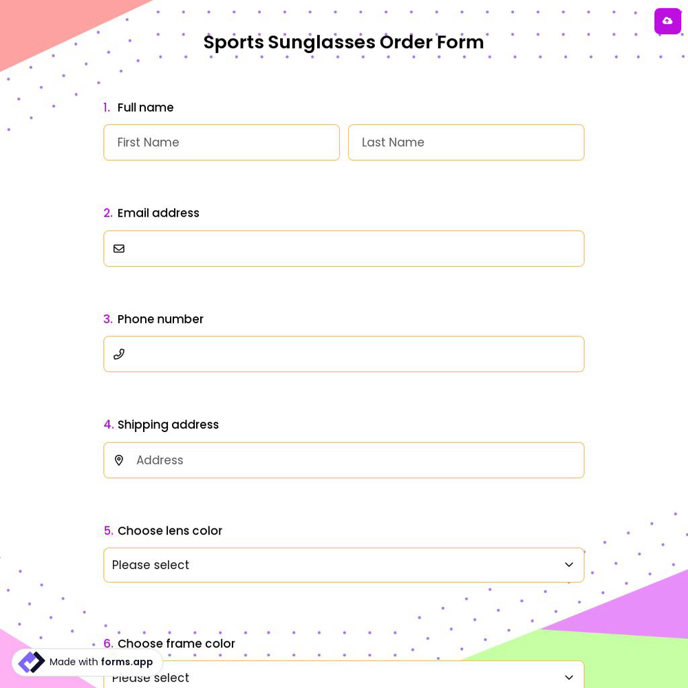 Sports Sunglasses Order Form