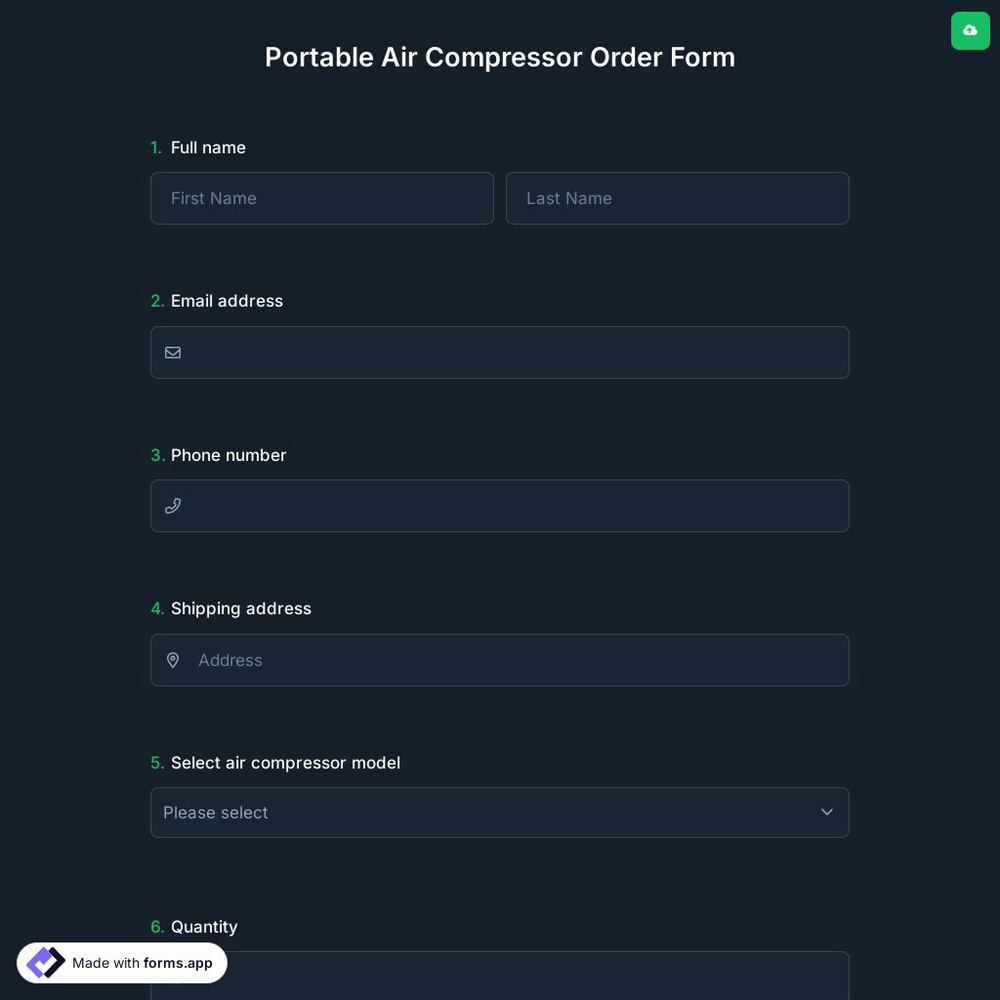Portable Air Compressor Order Form
