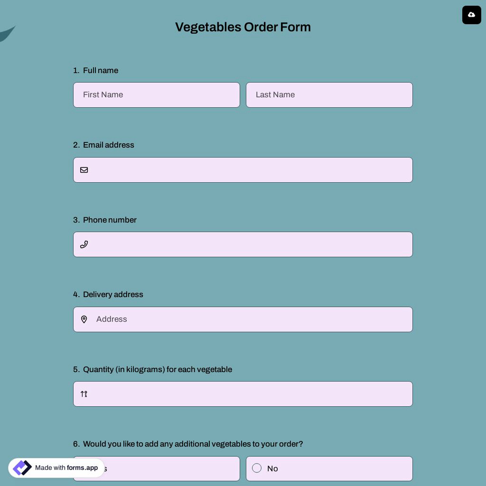 Vegetables Order Form