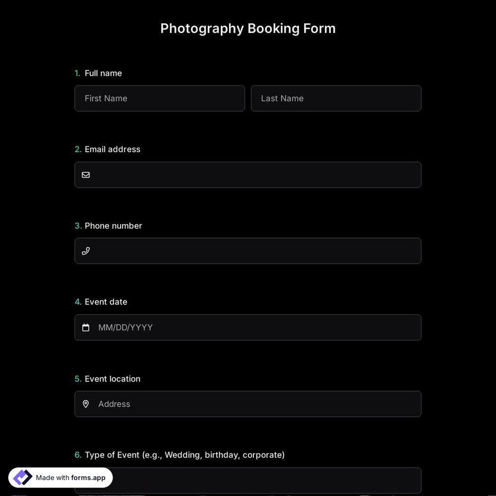 Photography Booking Form