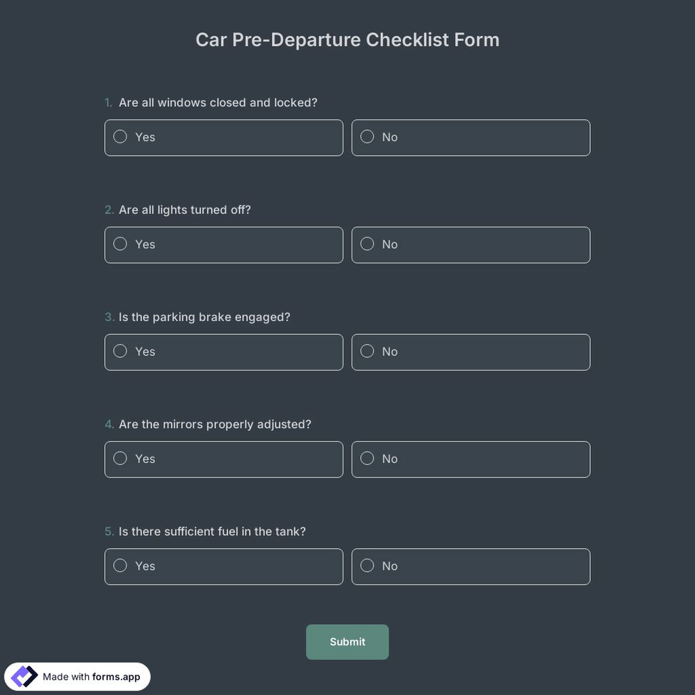 Car Pre-Departure Checklist Form