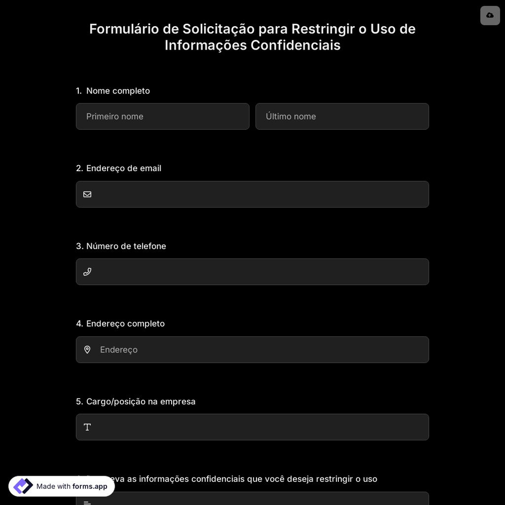 Formulário de Solicitação para Restringir o Uso de Informações Confidenciais
