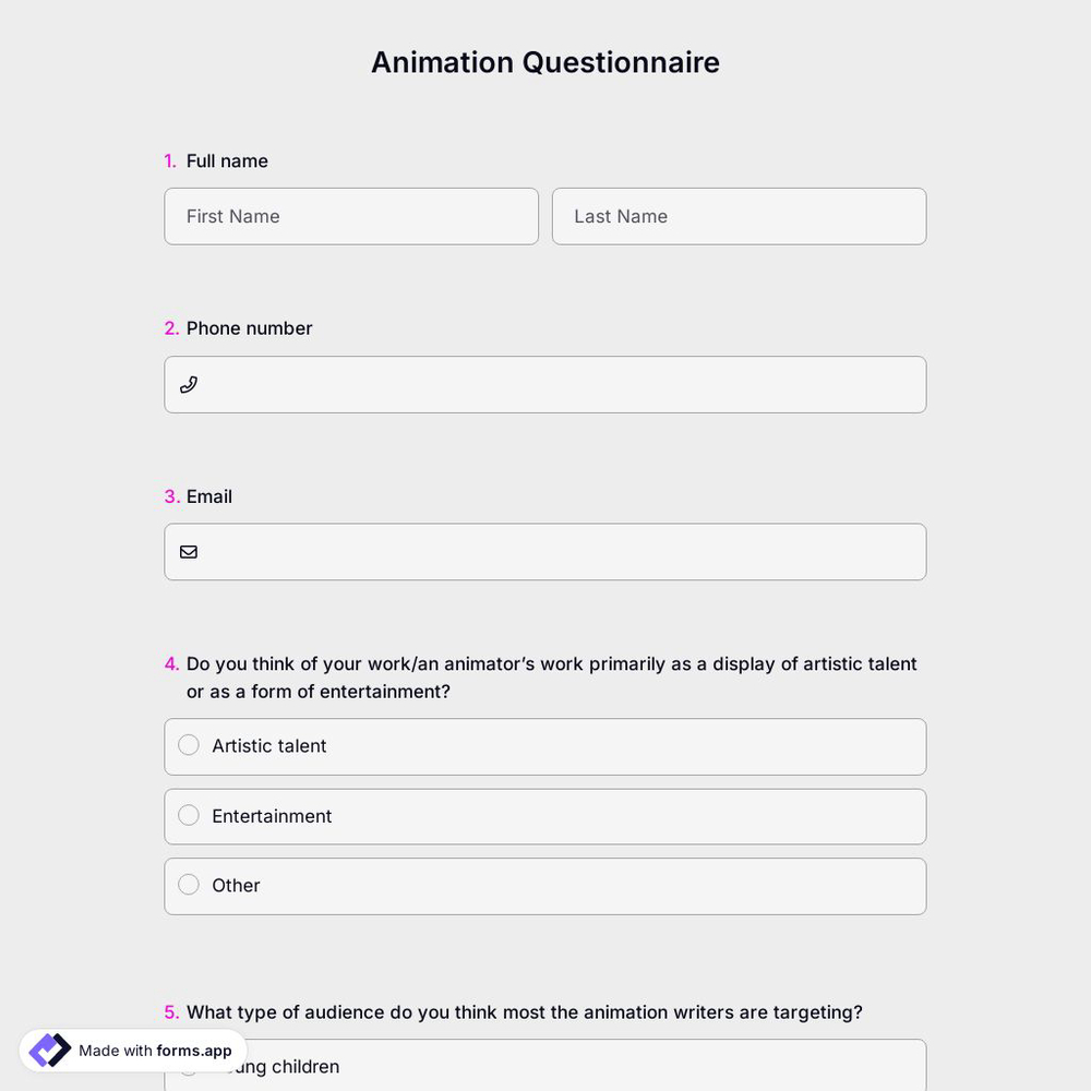 Animation Questionnaire