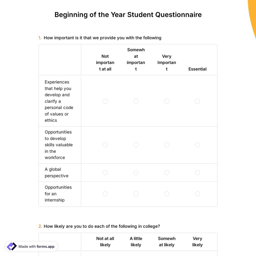 Beginning of the Year Student Questionnaire