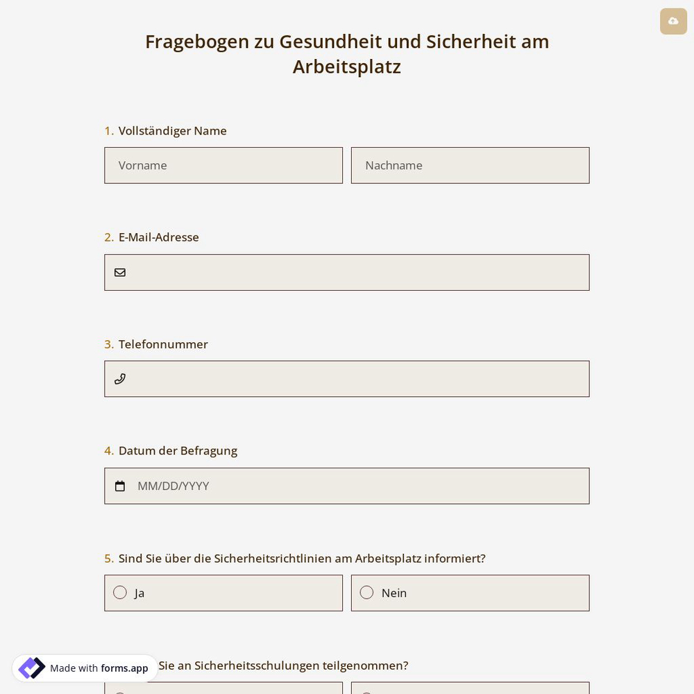 Fragebogen zu Gesundheit und Sicherheit am Arbeitsplatz