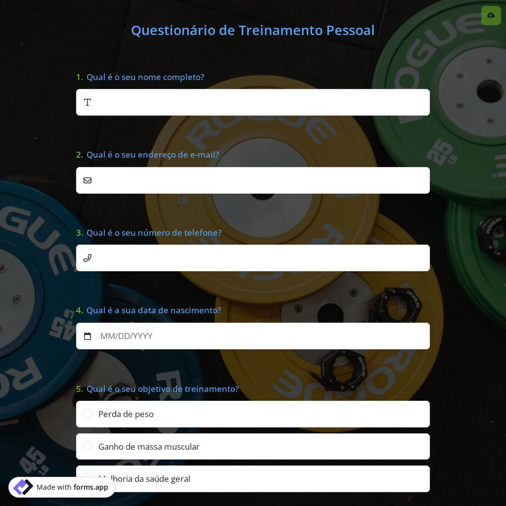 Questionário de Treinamento Pessoal