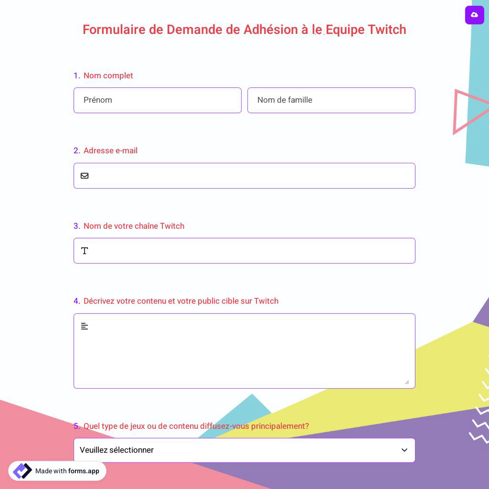 Formulaire de Demande de Adhésion à le Equipe Twitch