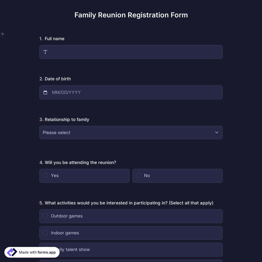 Family Reunion Registration Form