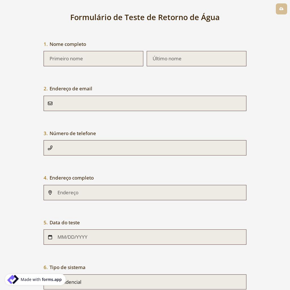 Formulário de Teste de Retorno de Água