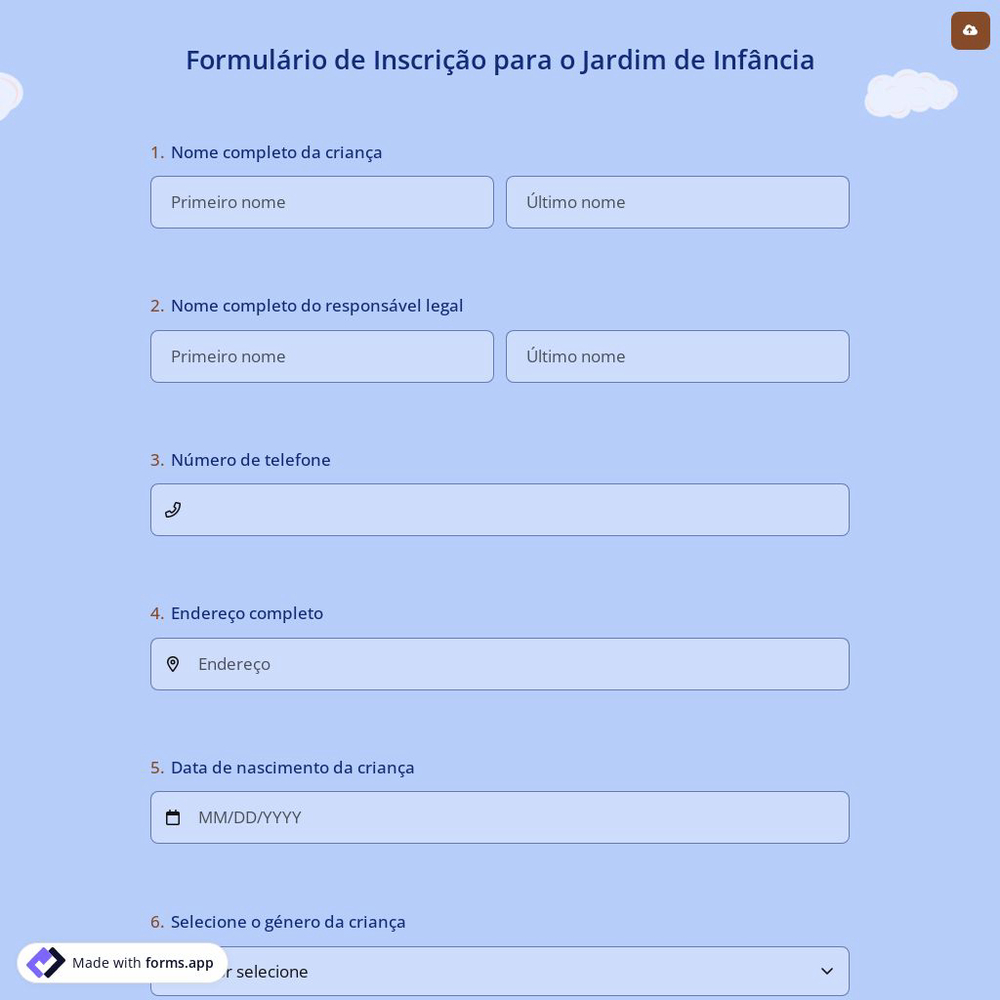 Formulário de Inscrição para o Jardim de Infância