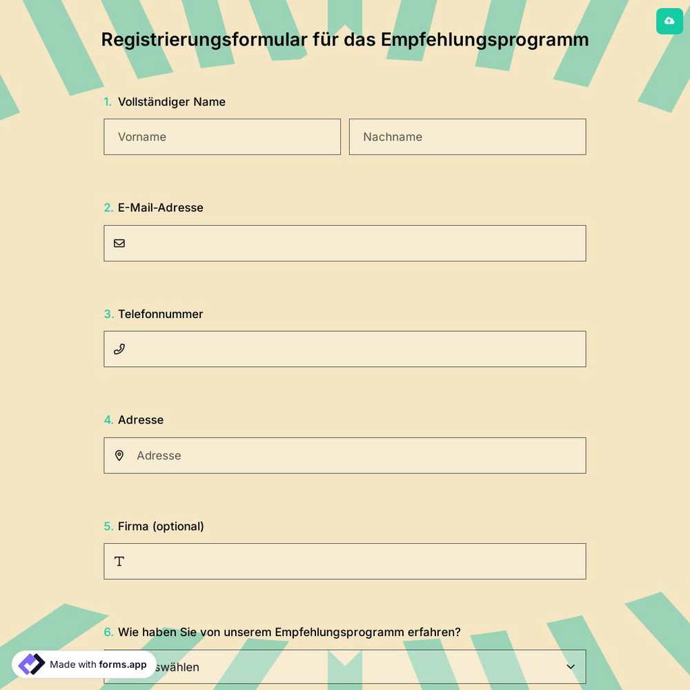 Registrierungsformular für das Empfehlungsprogramm