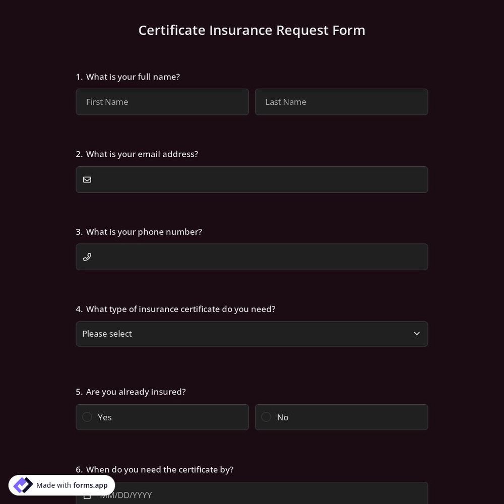 Certificate Insurance Request Form