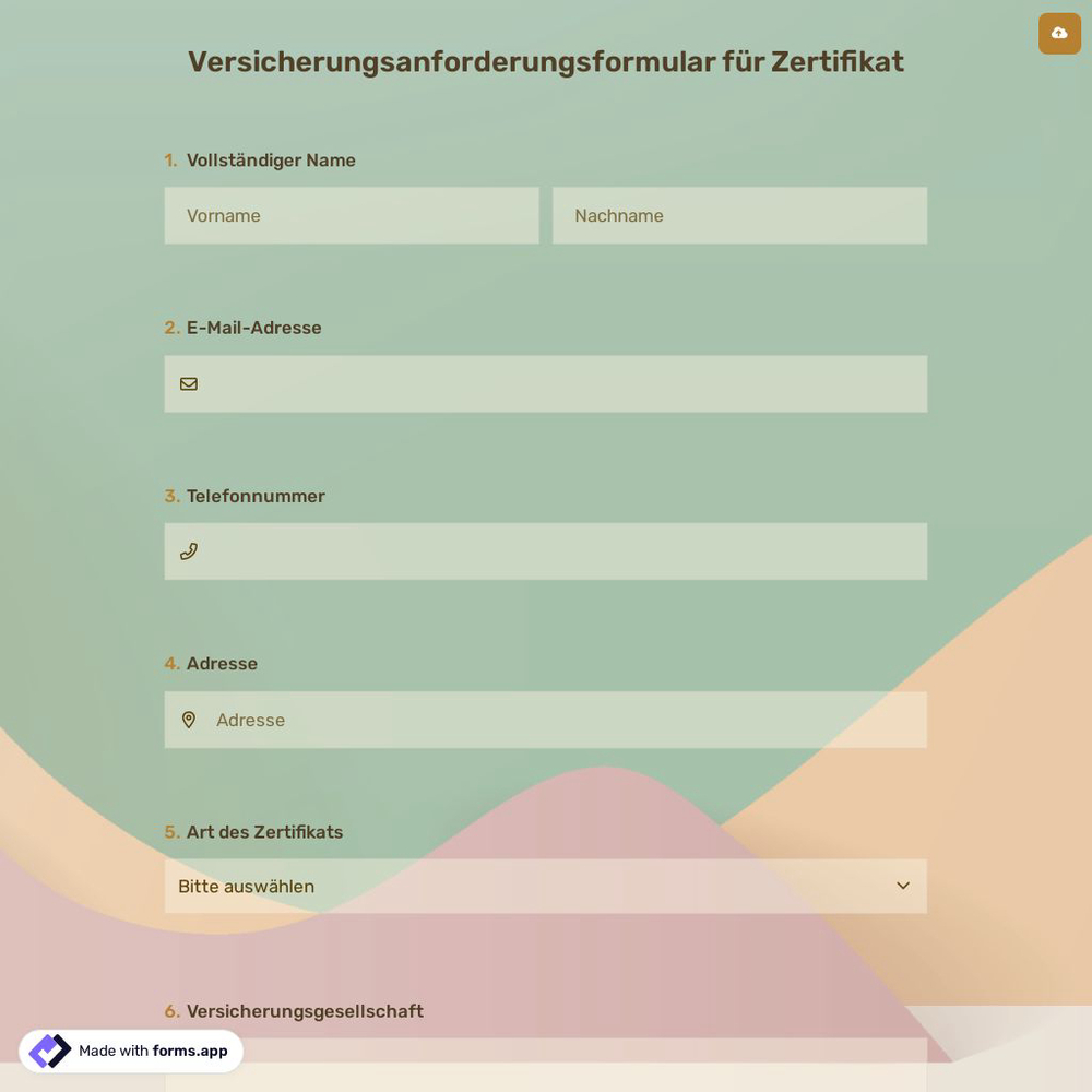 Versicherungsanforderungsformular für Zertifikat