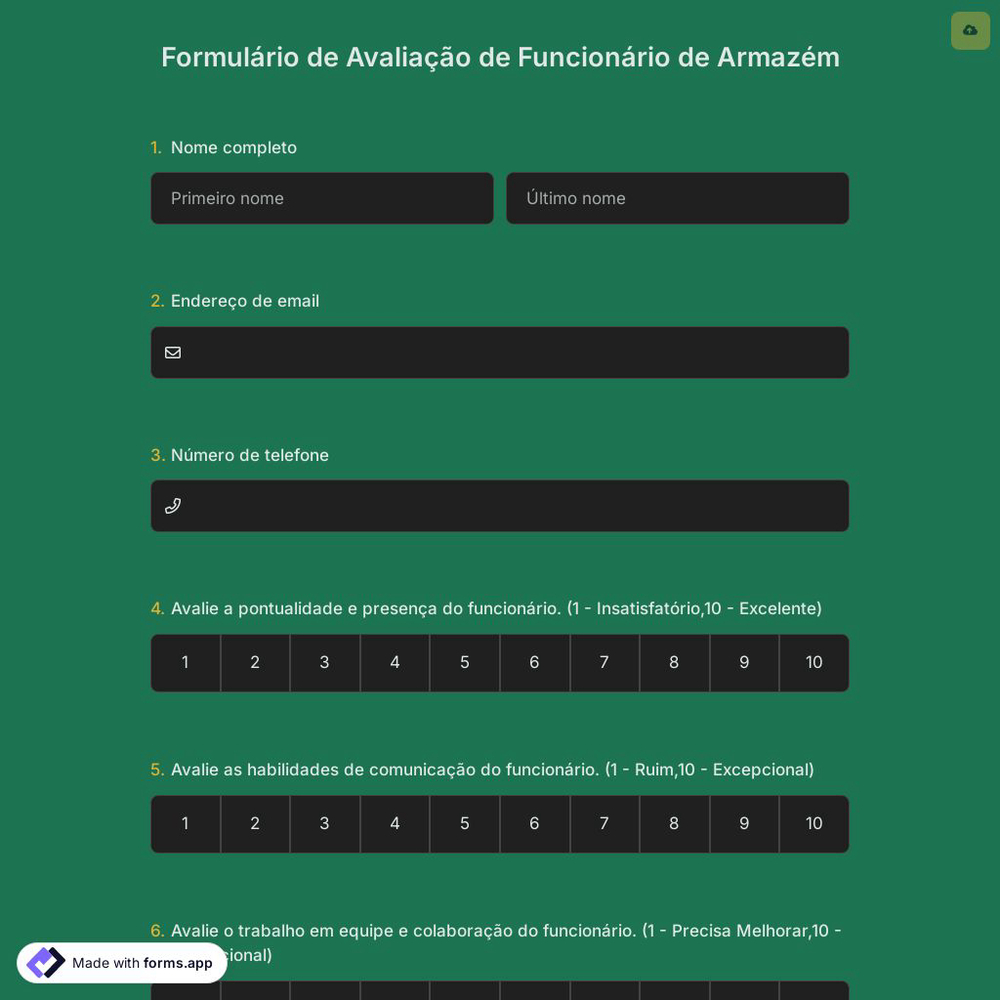 Formulário de Avaliação de Funcionário de Armazém