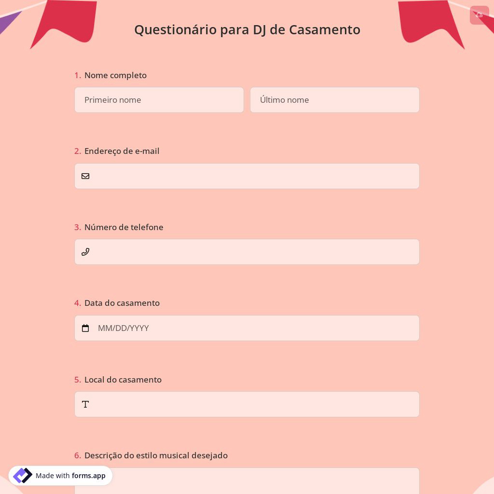 Questionário para DJ de Casamento