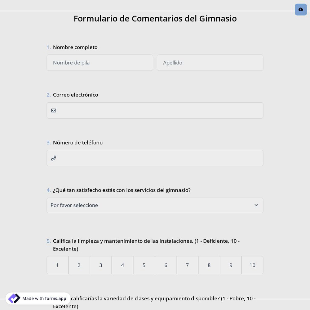 Formulario de Comentarios del Gimnasio