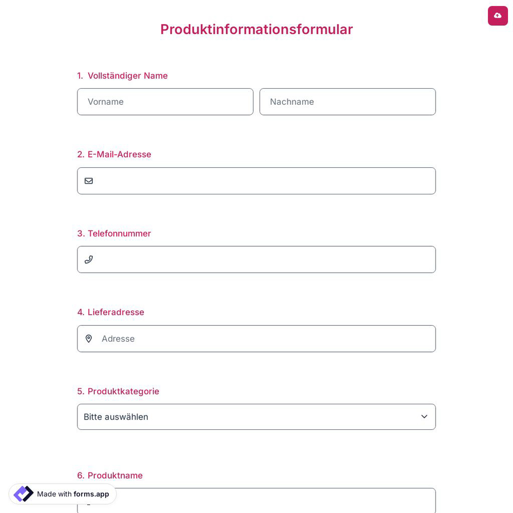 Produktinformationsformular