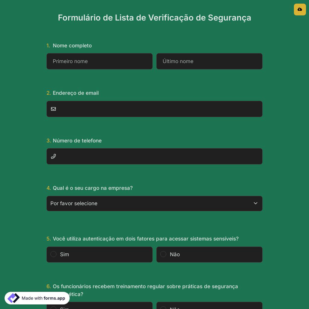 Formulário de Lista de Verificação de Segurança