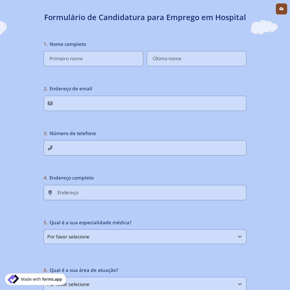 Formulário de Candidatura para Emprego em Hospital