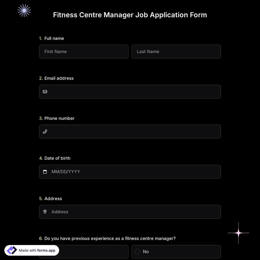 Fitness Centre Manager Job Application Form