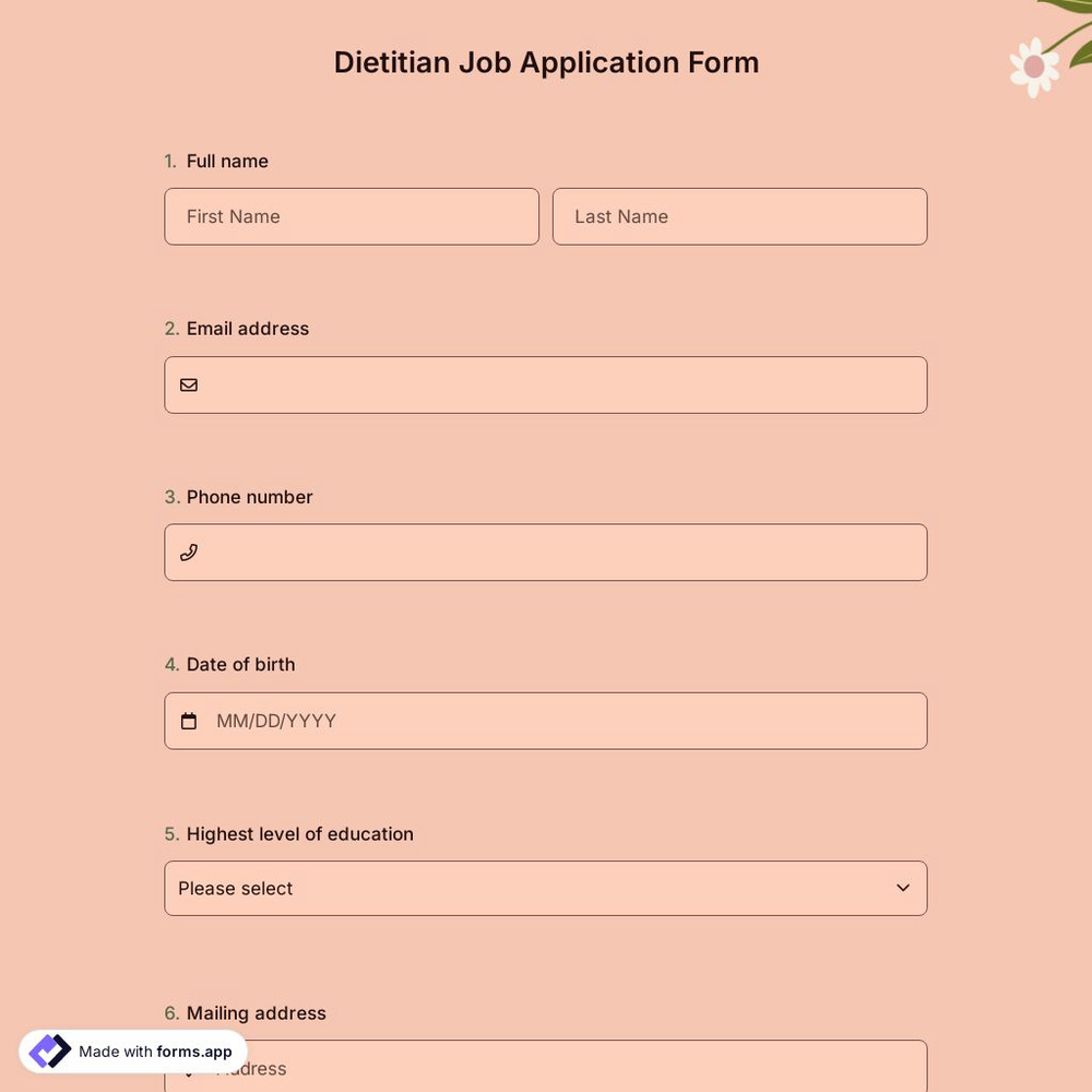 Dietitian Job Application Form