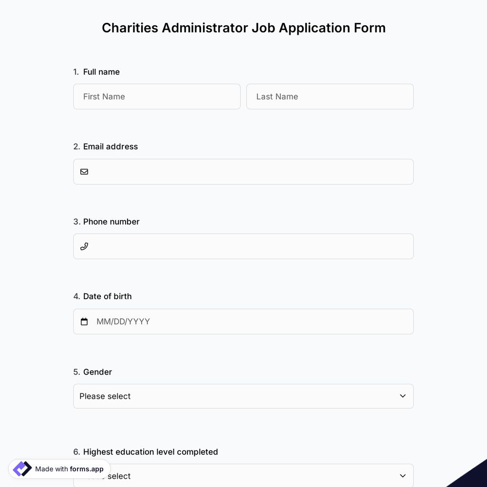 Charities Administrator Job Application Form