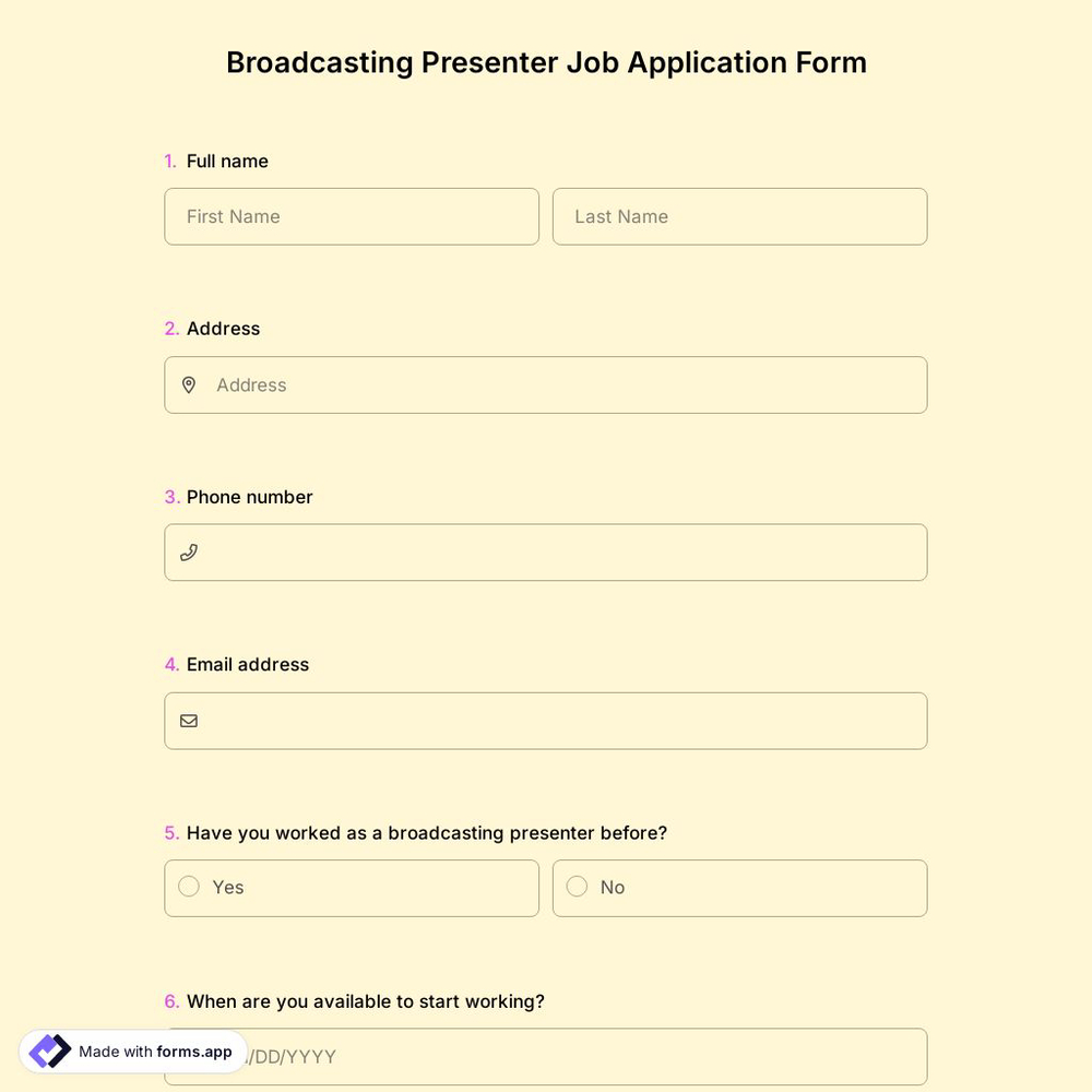 Broadcasting Presenter Job Application Form