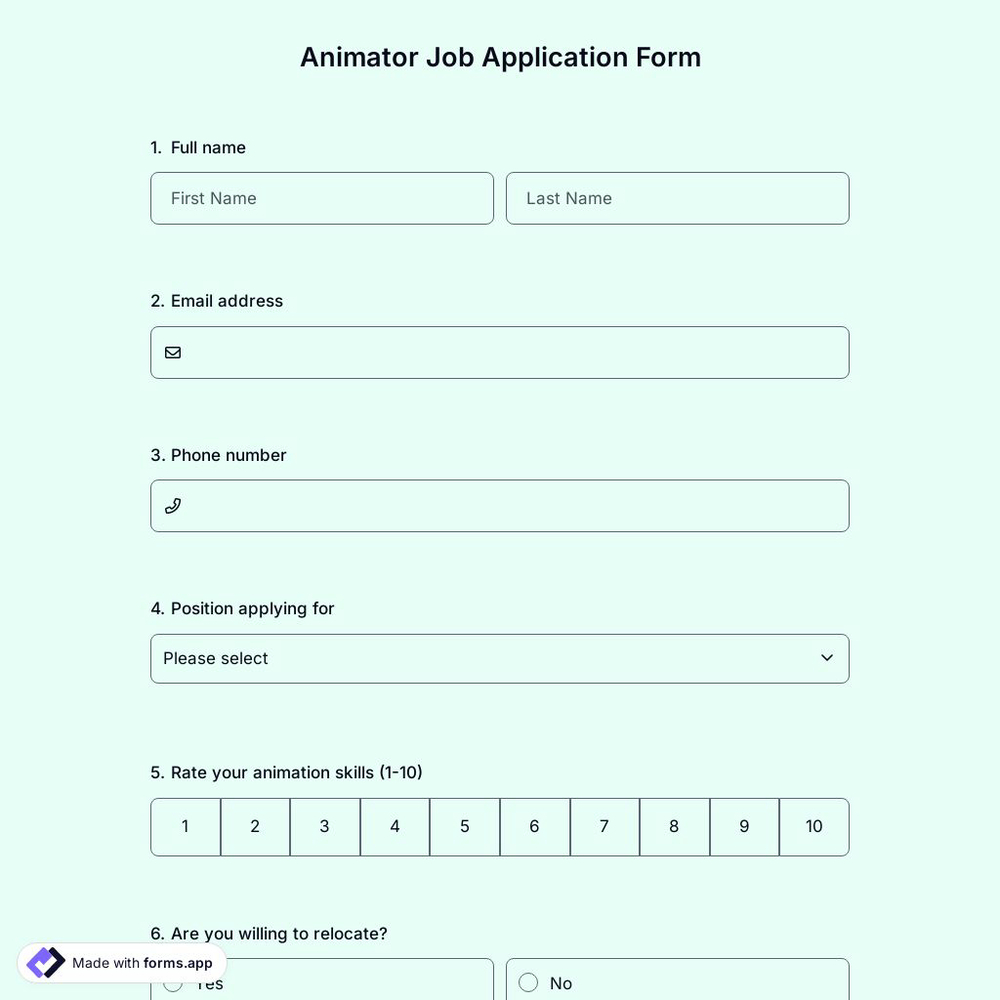 Animator Job Application Form