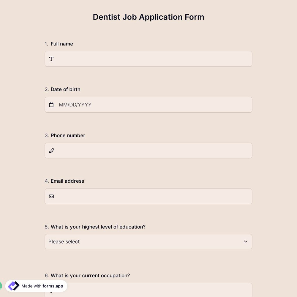 Dentist Job Application Form