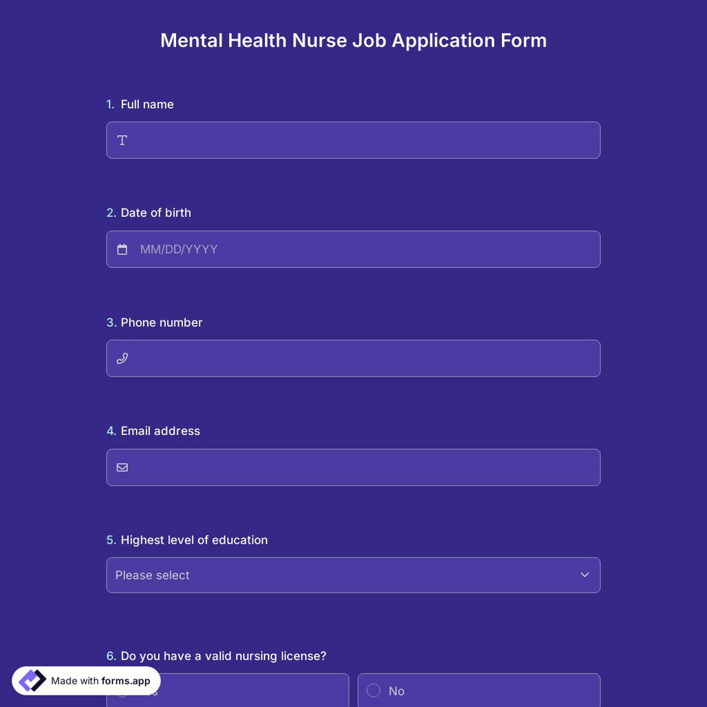 Mental Health Nurse Job Application Form