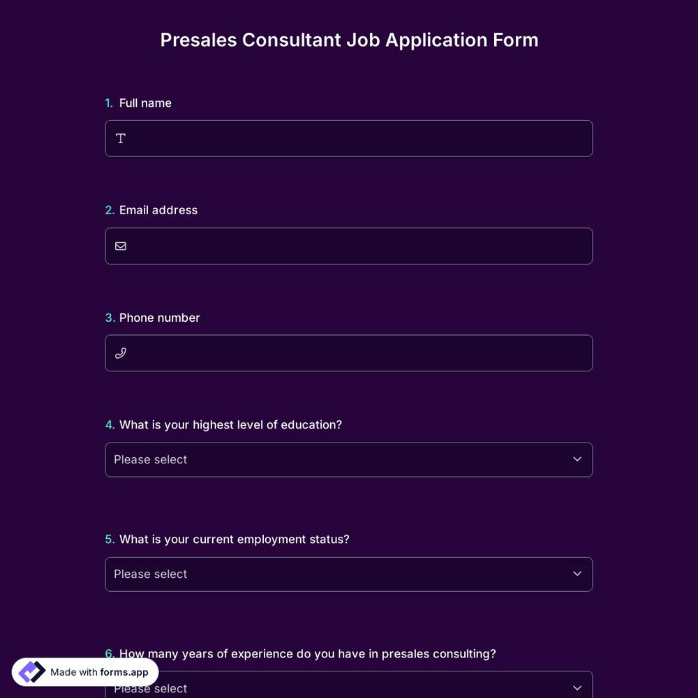 Presales Consultant Job Application Form