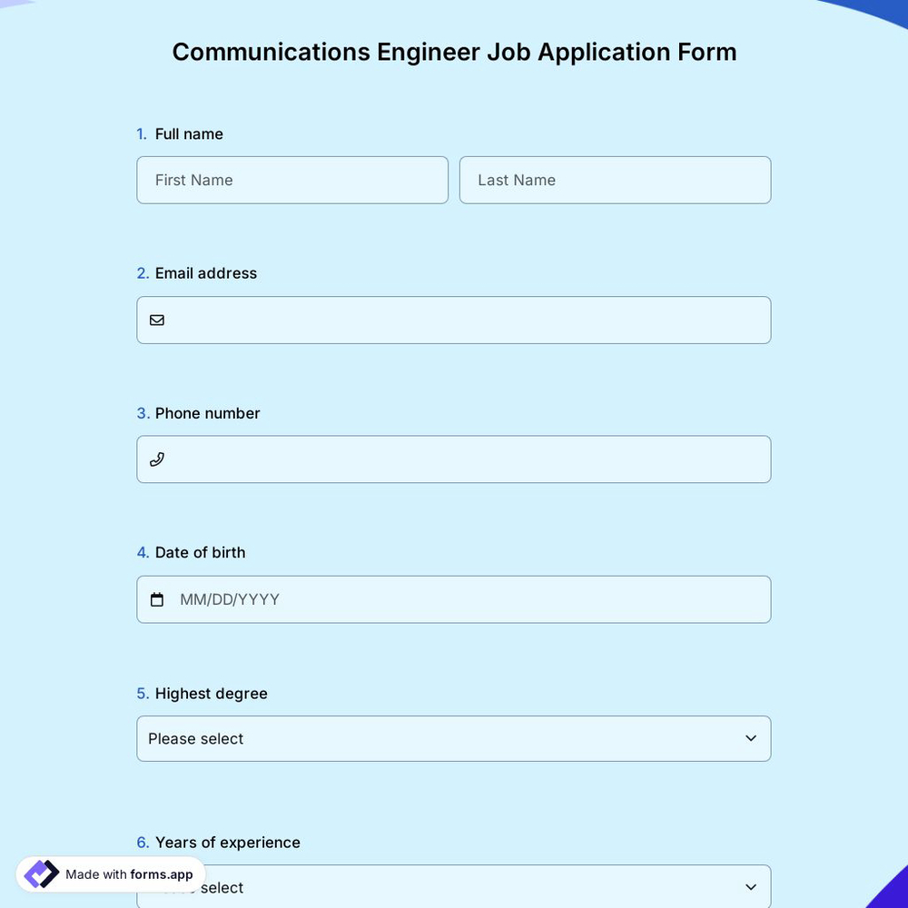 Communications Engineer Job Application Form