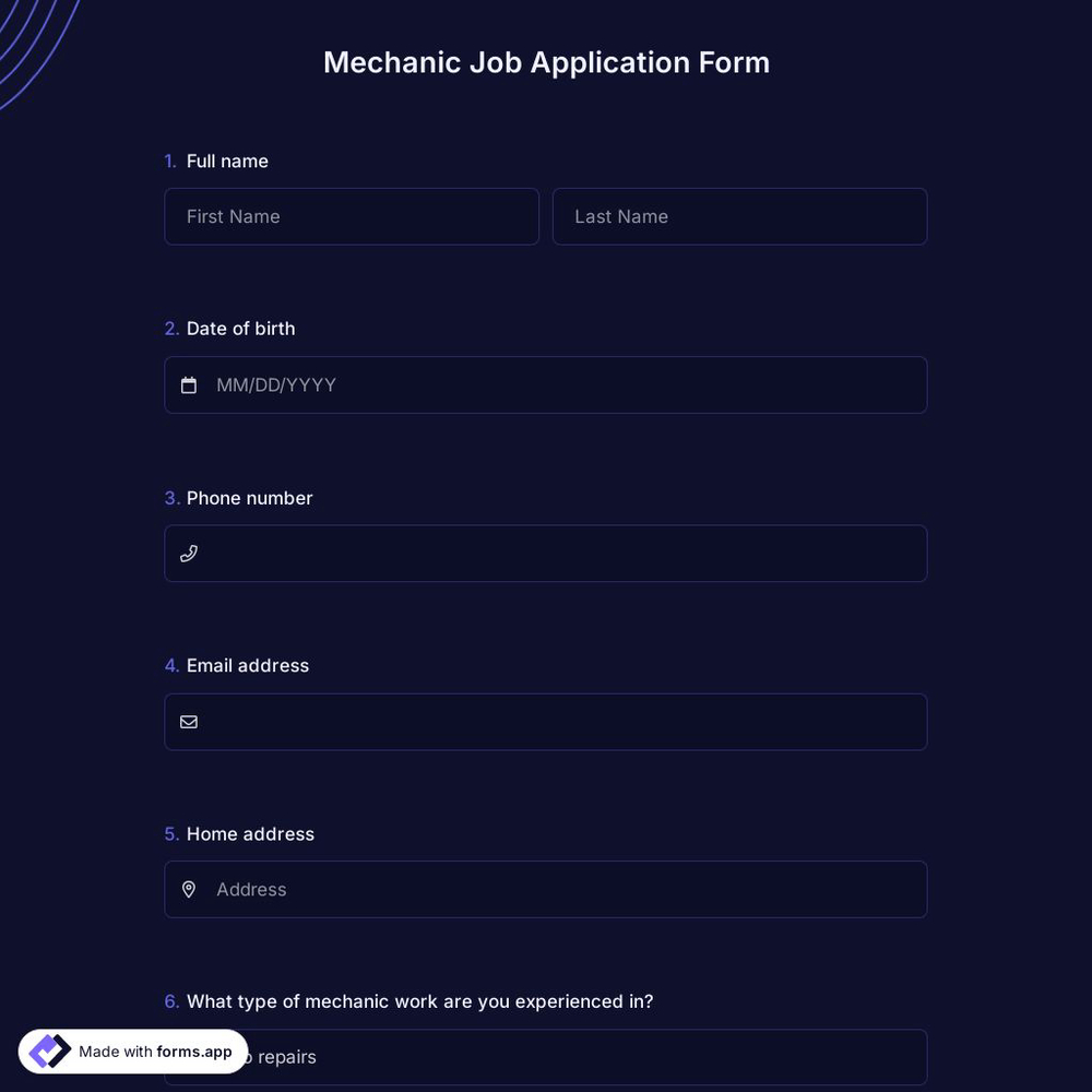 Mechanic Job Application Form