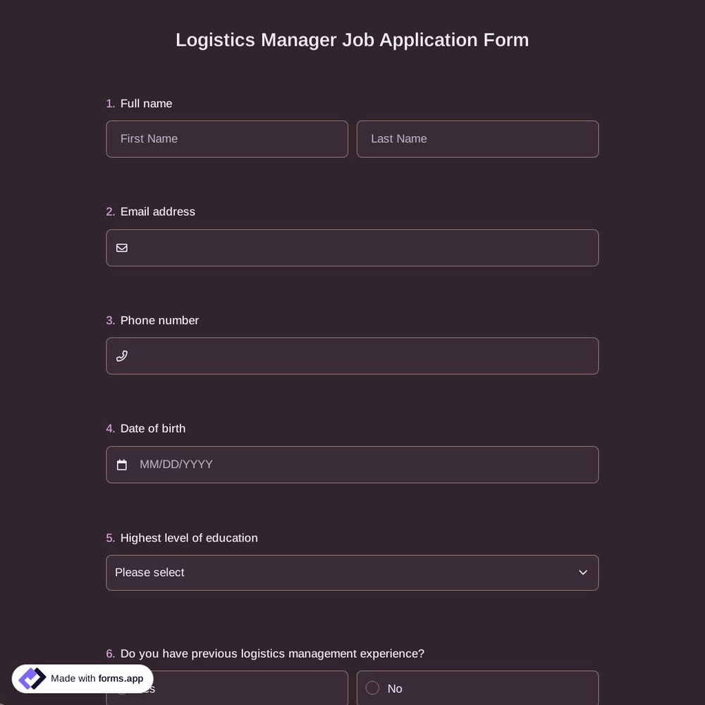 Logistics Manager Job Application Form
