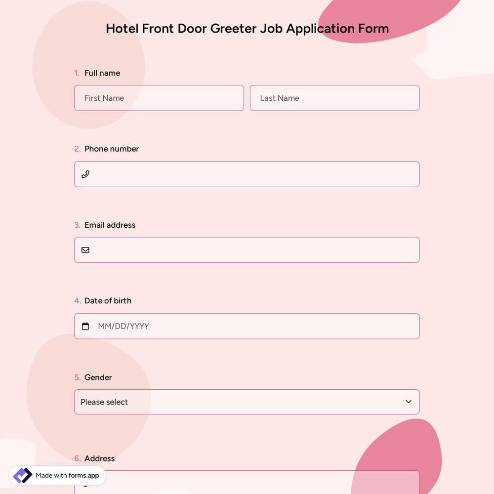 Hotel Front Door Greeter Job Application Form
