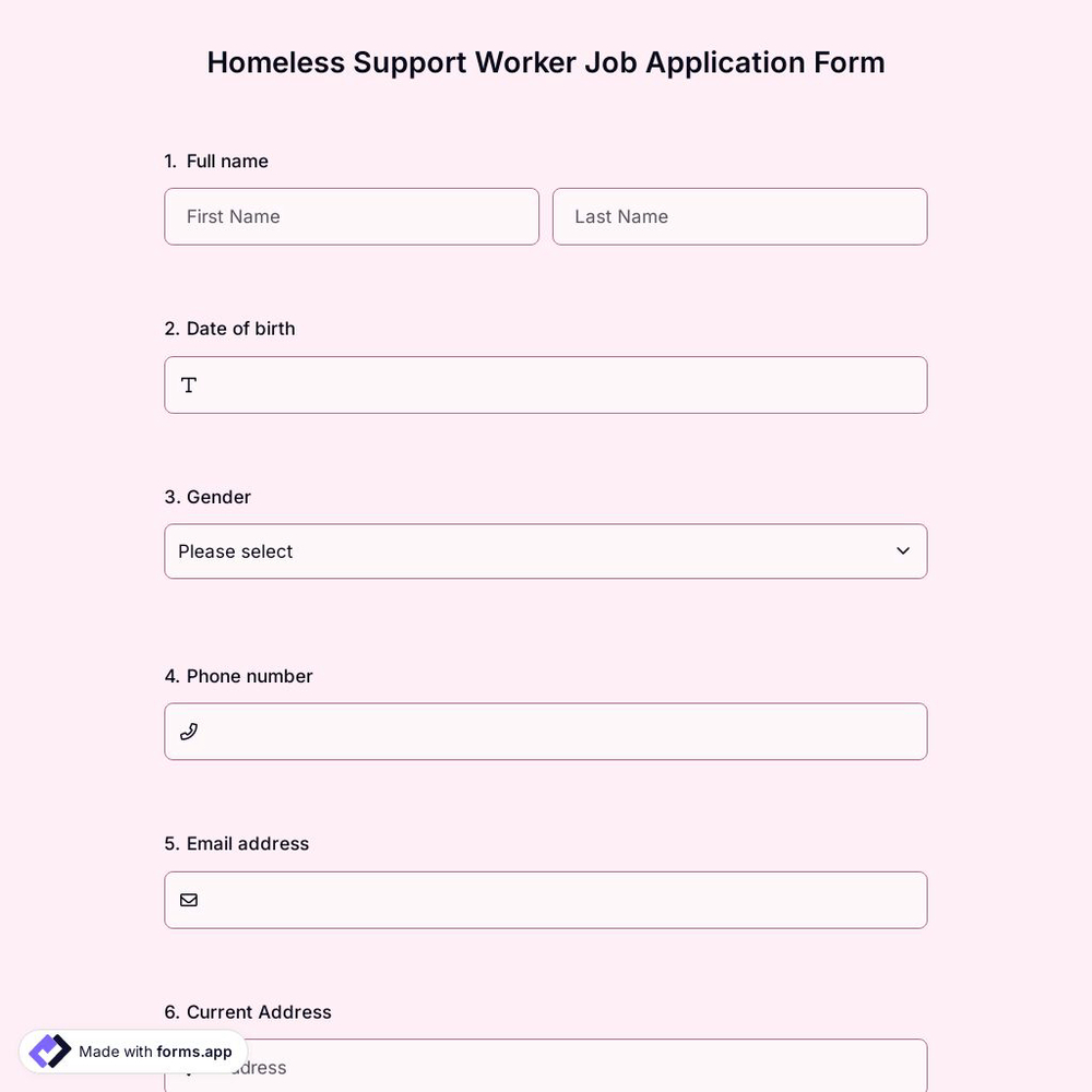 Homeless Support Worker Job Application Form