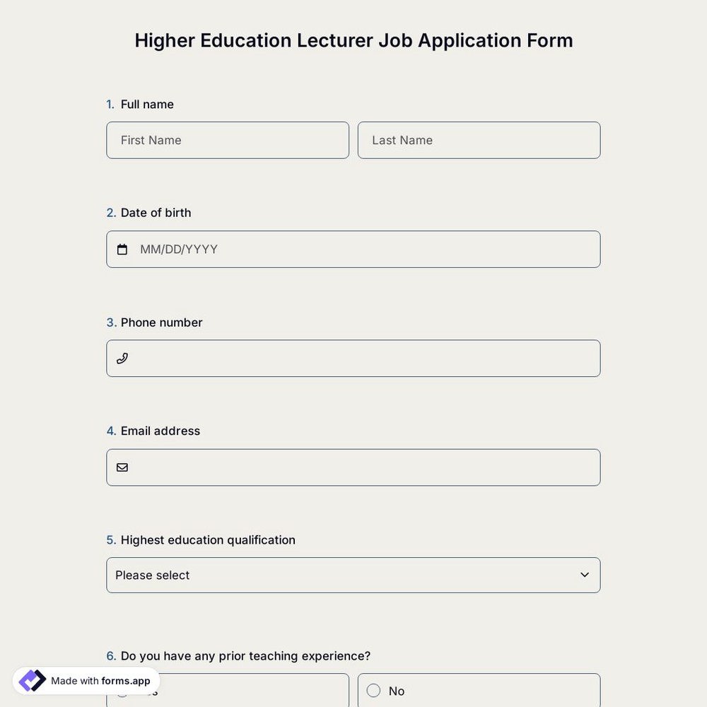 Higher Education Lecturer Job Application Form