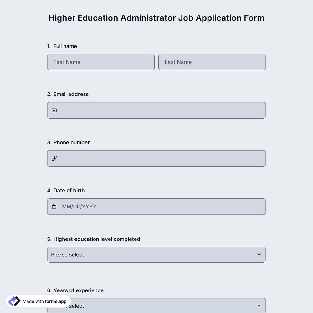 Higher Education Administrator Job Application Form