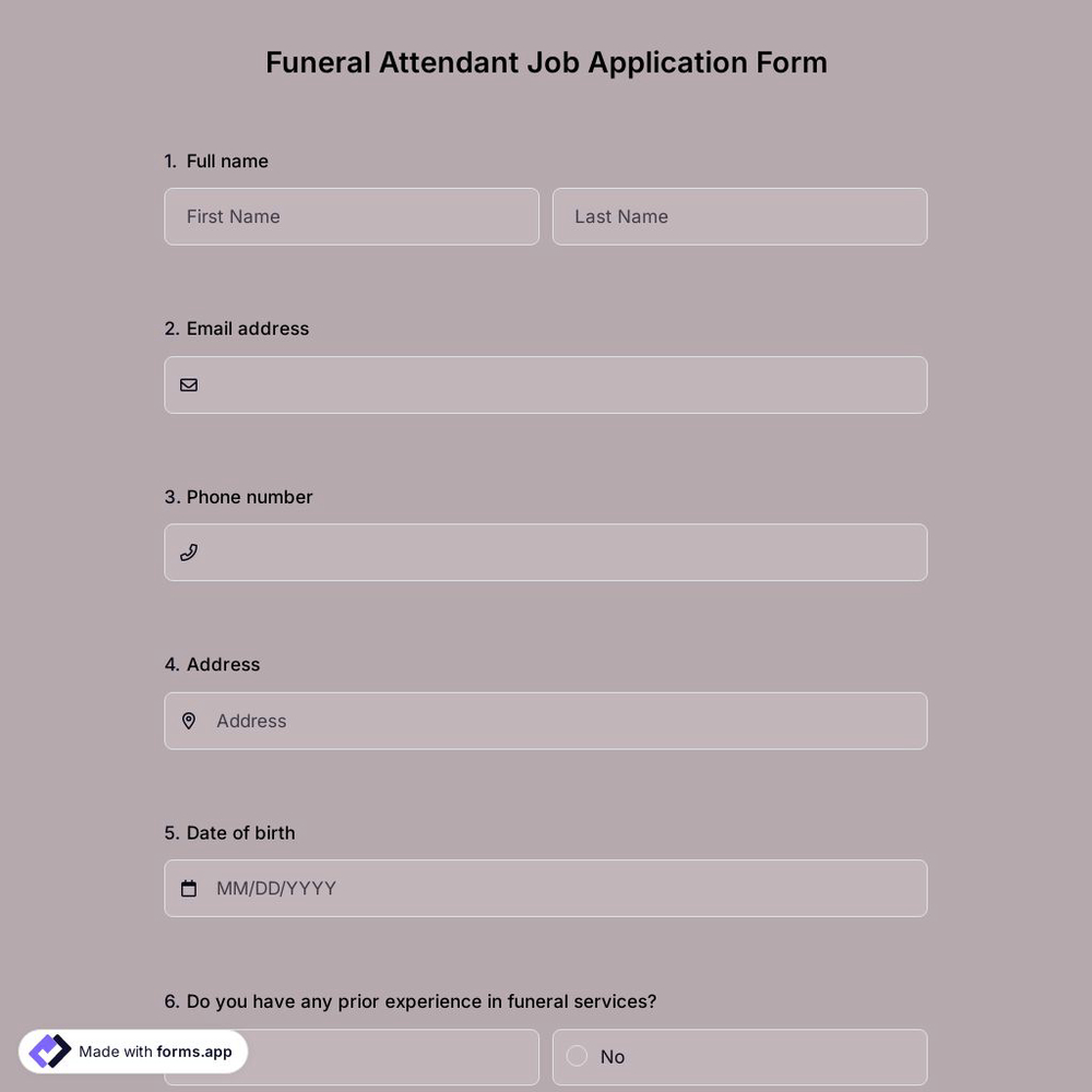 Funeral Attendant Job Application Form