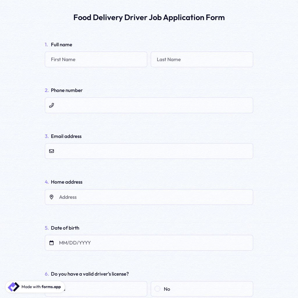 Food Delivery Driver Job Application Form