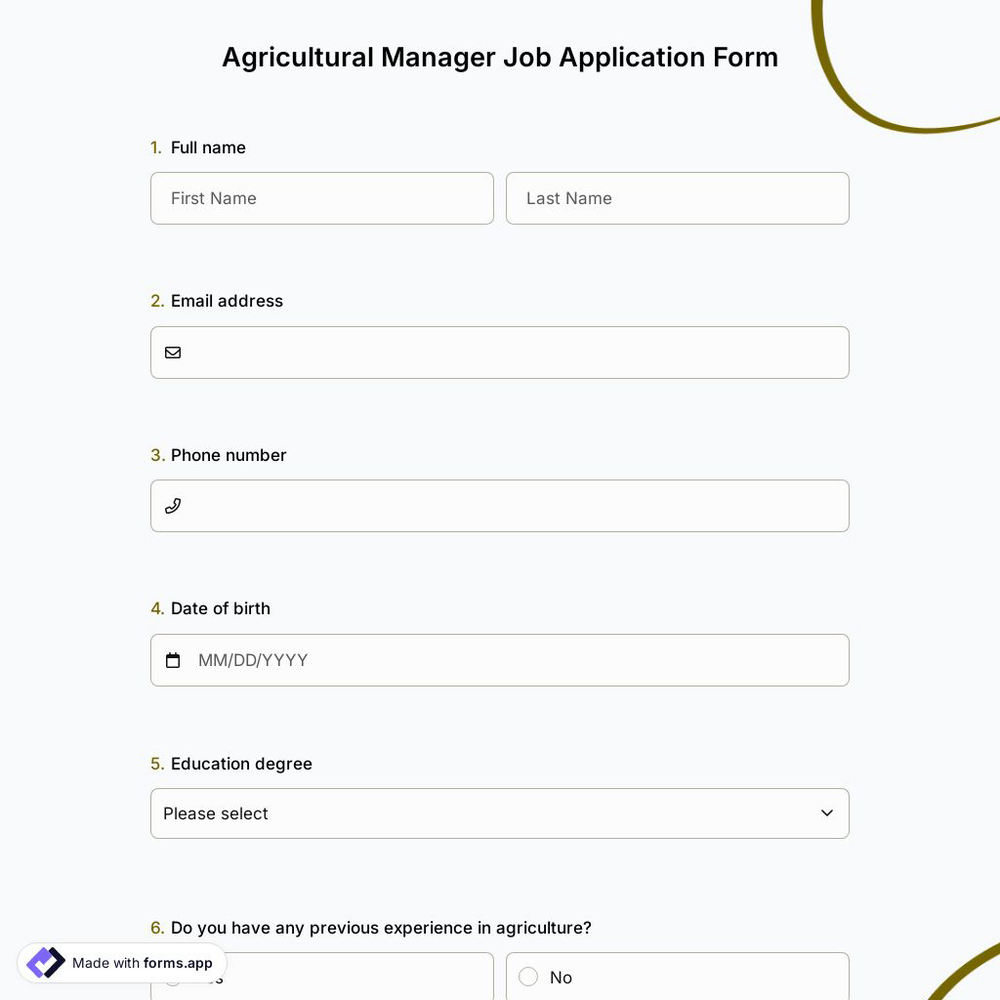 Agricultural Manager Job Application Form