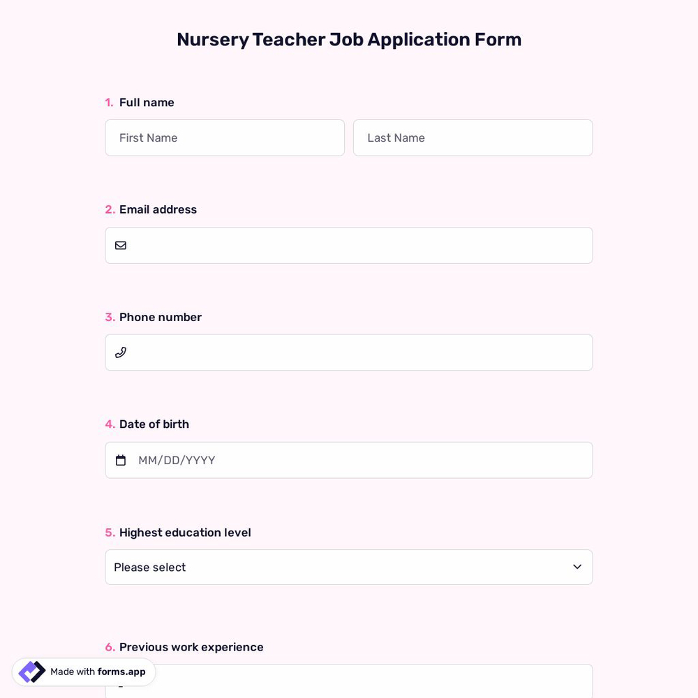 Nursery Teacher Job Application Form