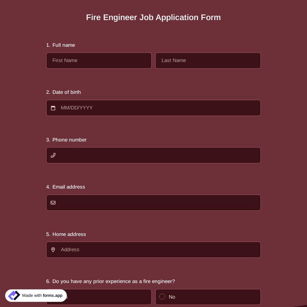 Fire Engineer Job Application Form