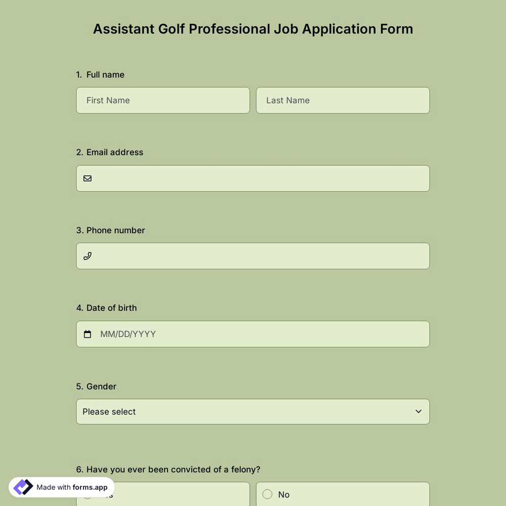 Assistant Golf Professional Job Application Form