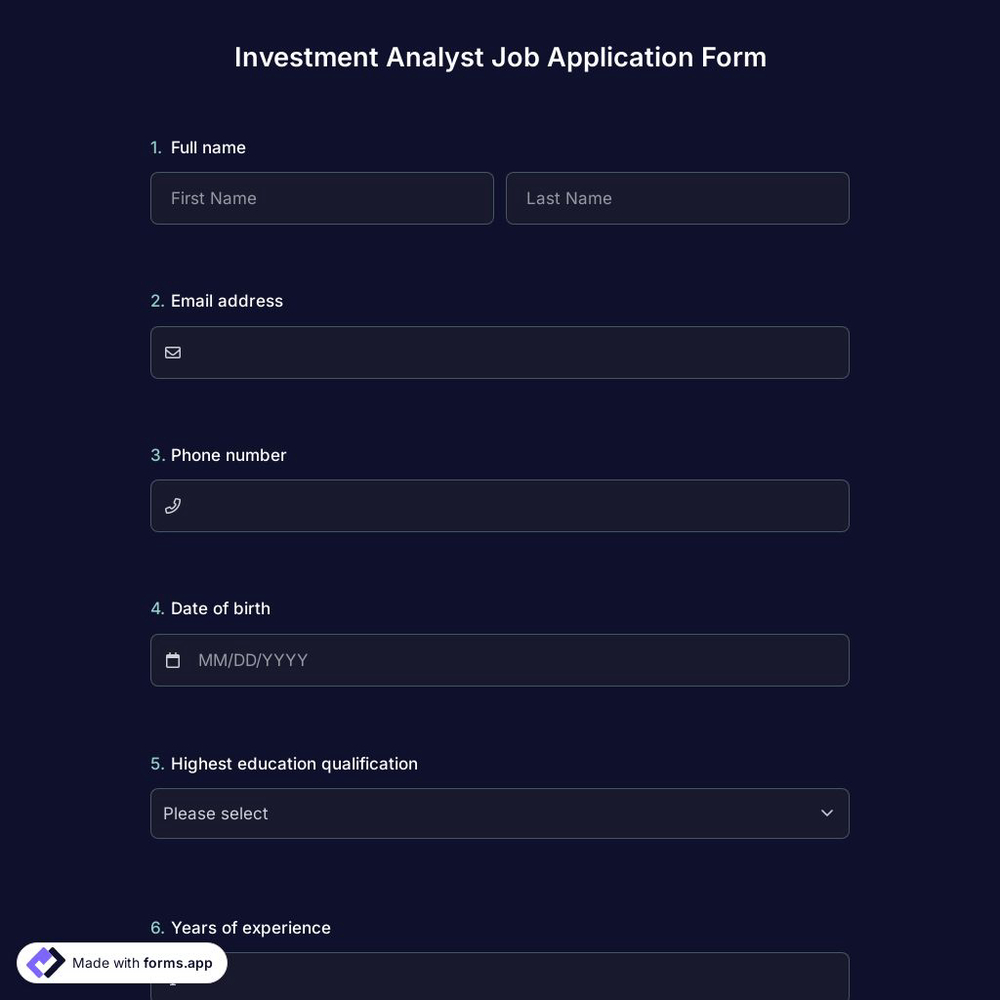 Investment Analyst Job Application Form