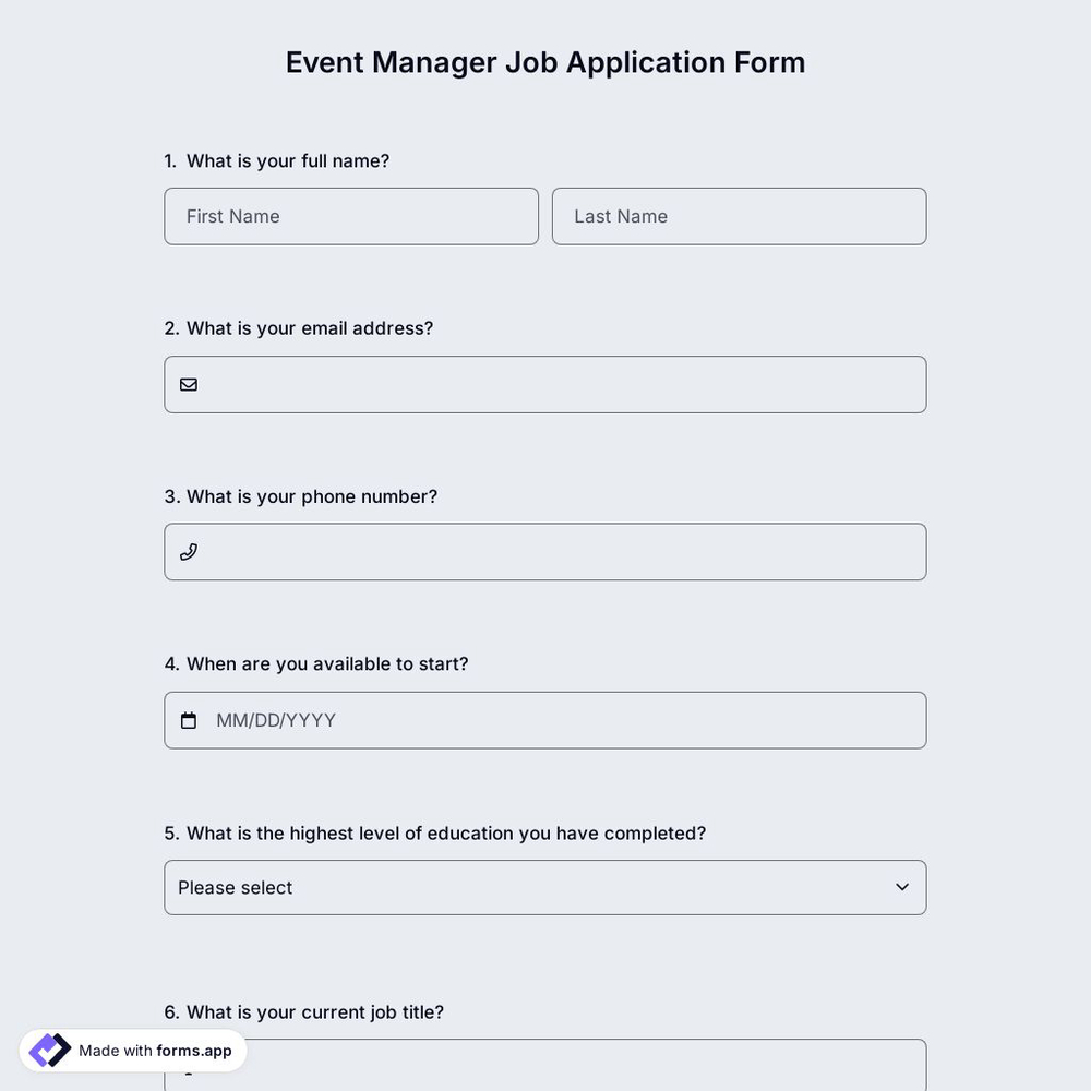 Event Manager Job Application Form