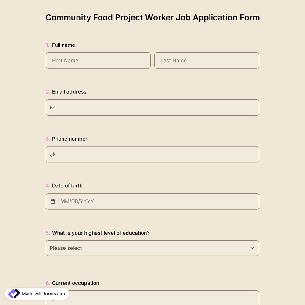 Community Food Project Worker Job Application Form